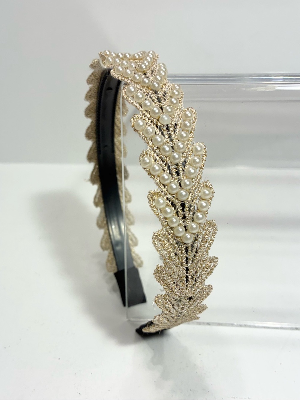 Pearl Beaded Metallic Lace Headband Ivory Gold 1”